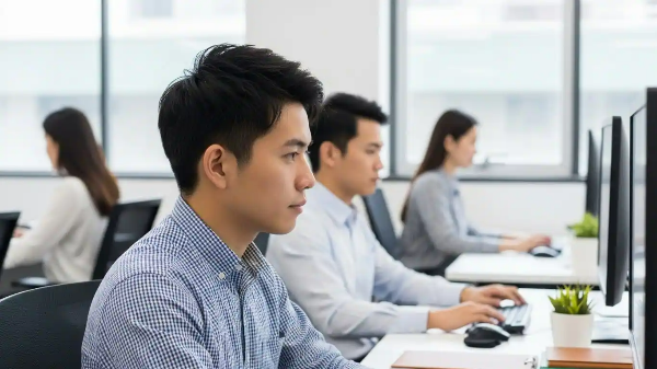 한 남성이 사무실에서 오랫동안 모니터를 보며 일하고 있는 모습