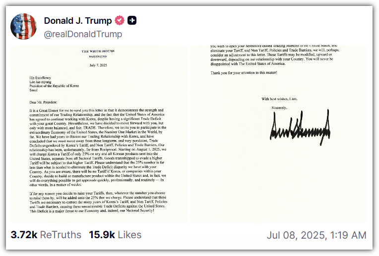 관세 서한 트루스소셜 공개 내용