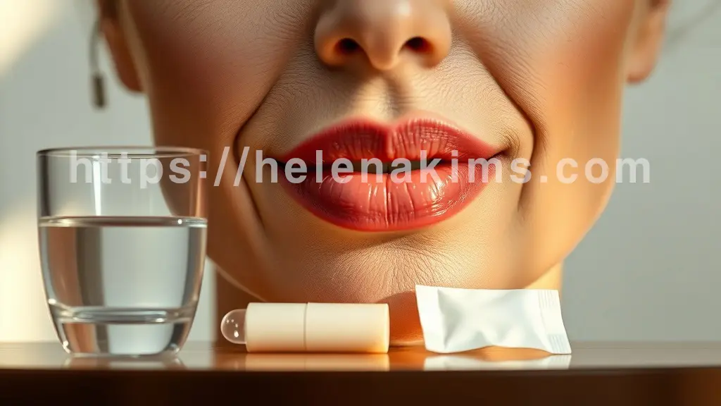깔끔한 공간에 촉촉하고 건강하게 관리된 50대 여성의 입술이 클로즈업되어 있다. 입술 주변에는 투명한 유리 물컵, 섬세한 립밤 스틱, 그리고 작은 냉찜질 팩이 배치되어 시술 후 관리를 상징한 모습.