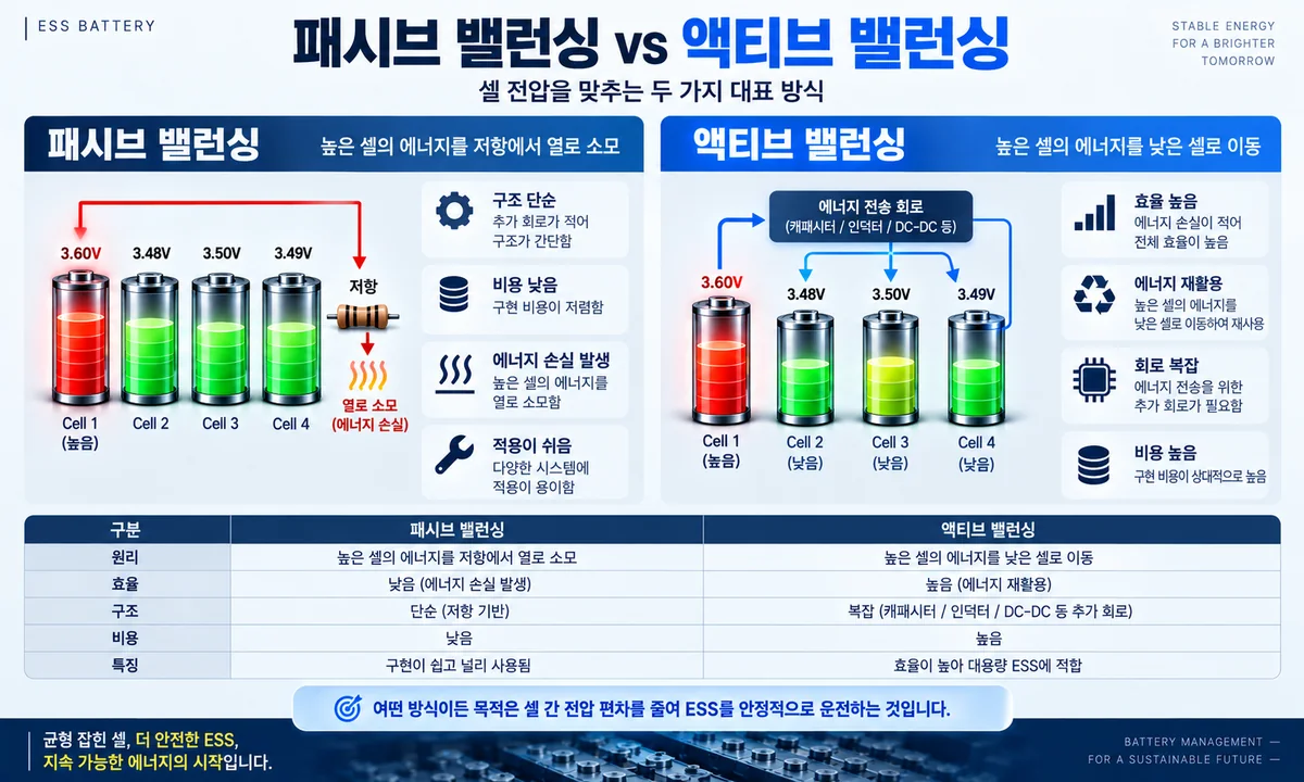 패시브 밸런싱과 액티브 밸런싱의 원리 효율 구조 비용을 비교한 인포그래픽