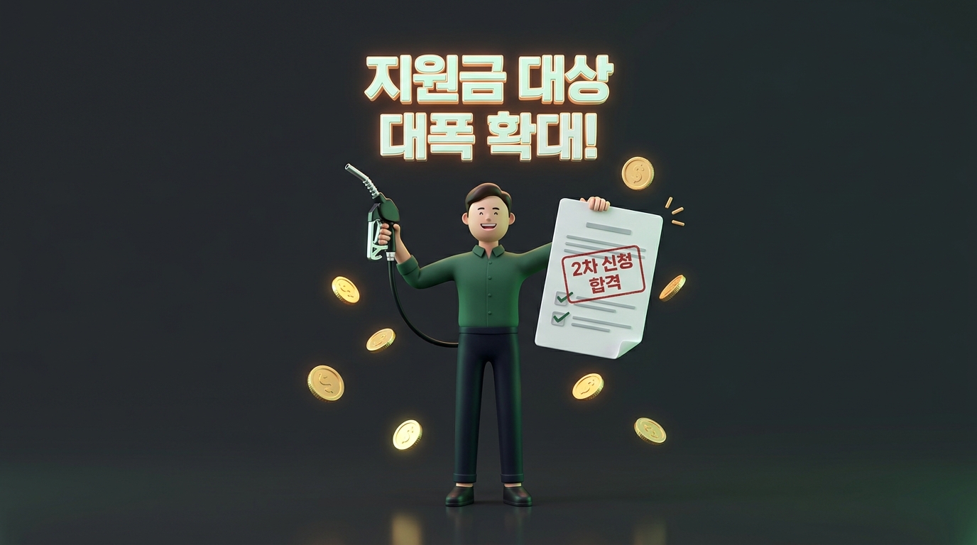 조건이 완화된 고유가 피해지원금 2차 신청 소식에 기뻐하는 3D 캐릭터 썸네일 이미지