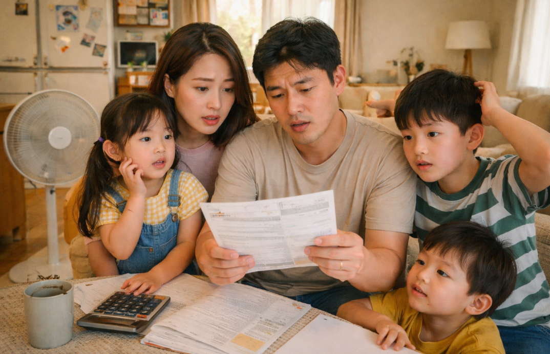 다자녀 또는 대가족이 함께 거주하며 전기요금 부담을 느끼는 가정의 일상적인 모습