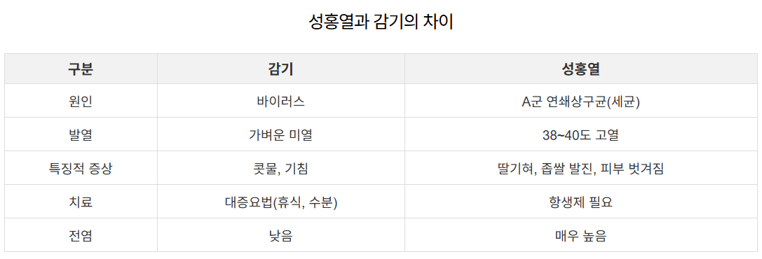 성홍열과 감기 증상을 비교한 표 이미지