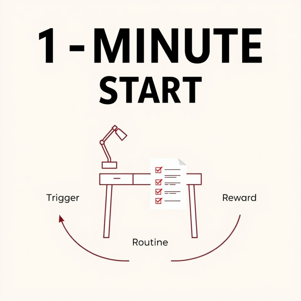 습관 형성 인포그래픽, 트리거-루틴-보상 루프, 미니멀 데스크, 체크리스트 누적, 1분 시작