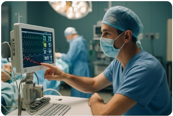 수술에서 환자의 활력징후를 모니터링하는 마취 전문의