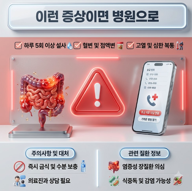 하루 5회 이상의 극심한 물설사가 지속되거나, 변에 피나 점액이 섞여 나오고, 고열과 심한 복부 경련이 동반된다면 위막성 대장염(클로스트리디움 감염증)일 수 있으므로 즉시 병원 진료를 받아야 합니다.