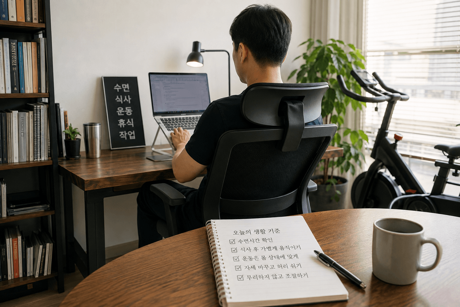 40대 남성이 새벽 시간에 집에서 블로그 작업을 하며 생활 루틴을 정리하는 홈오피스 이미지