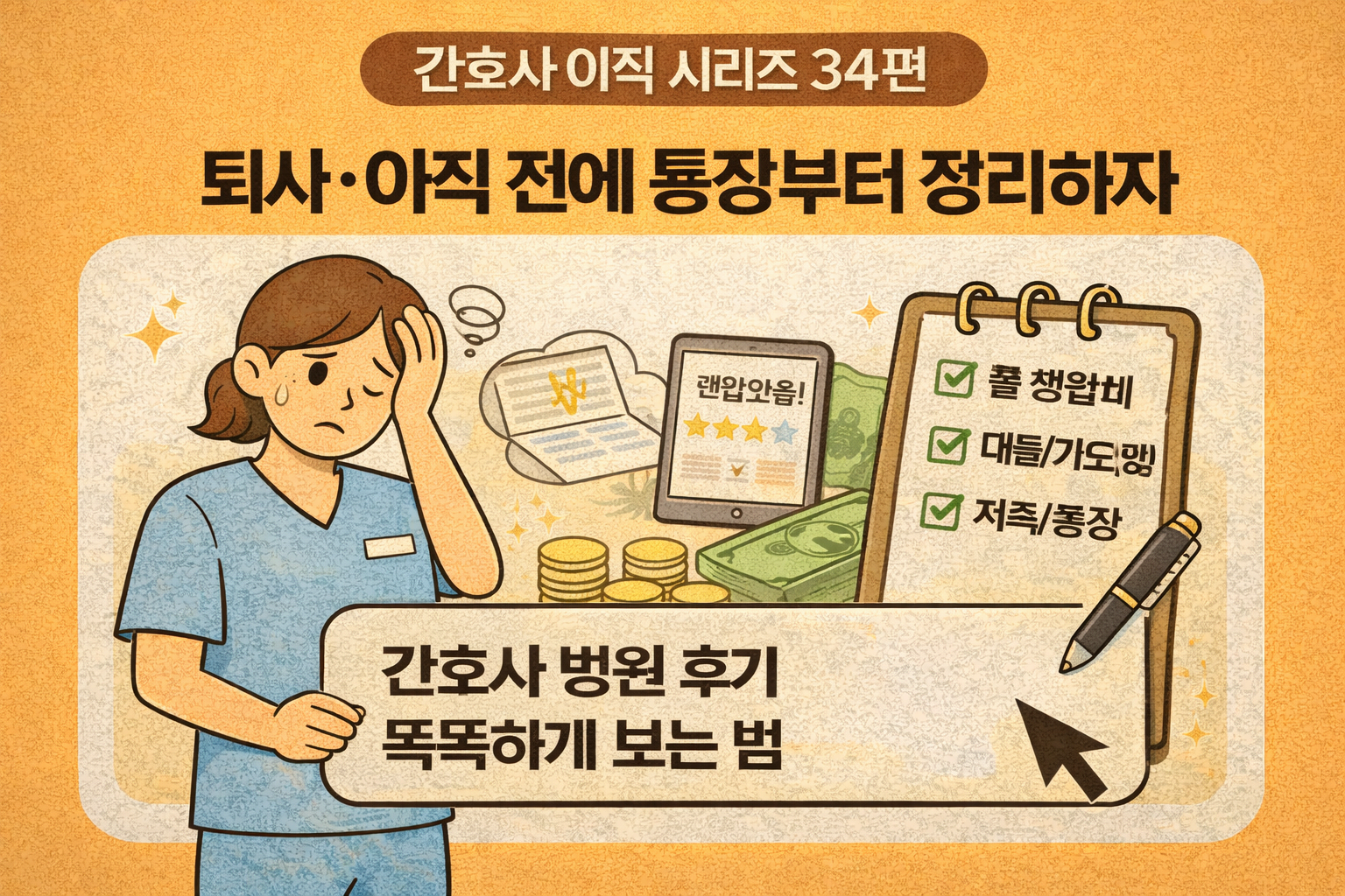 🩺 간호사 이직 시리즈 34편: 퇴사&middot;이직 전 '통장 정리' 필수 체크리스트 ❘ 생활비와 연봉 변화 시뮬레이션