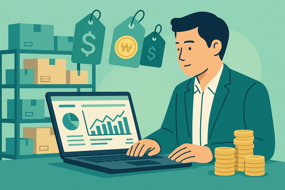 예산별 재고관리 프로그램 대시보드를 확인하는 한국 중소기업 사무실 일러스트