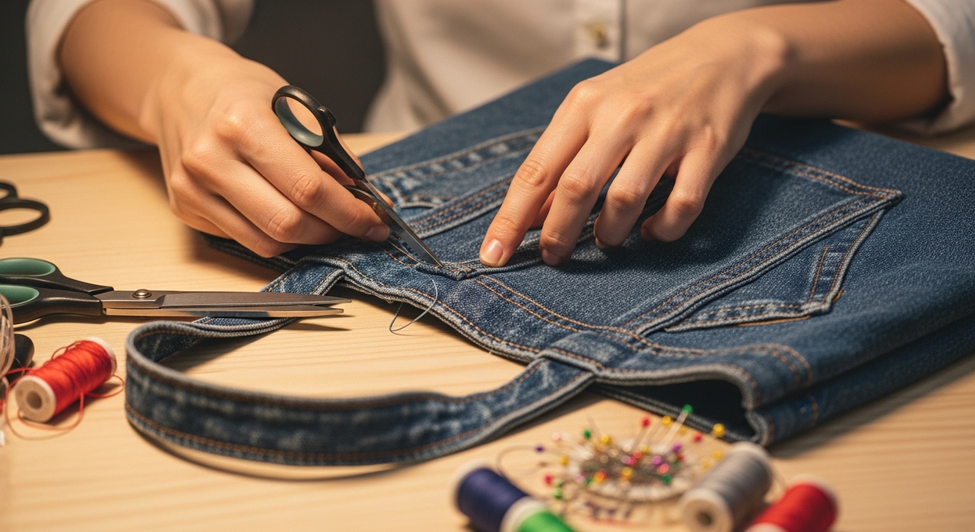 오래된 청바지 원단을 재단하고 바느질하여 세련된 토트백을 만드는 손길의 클로즈업