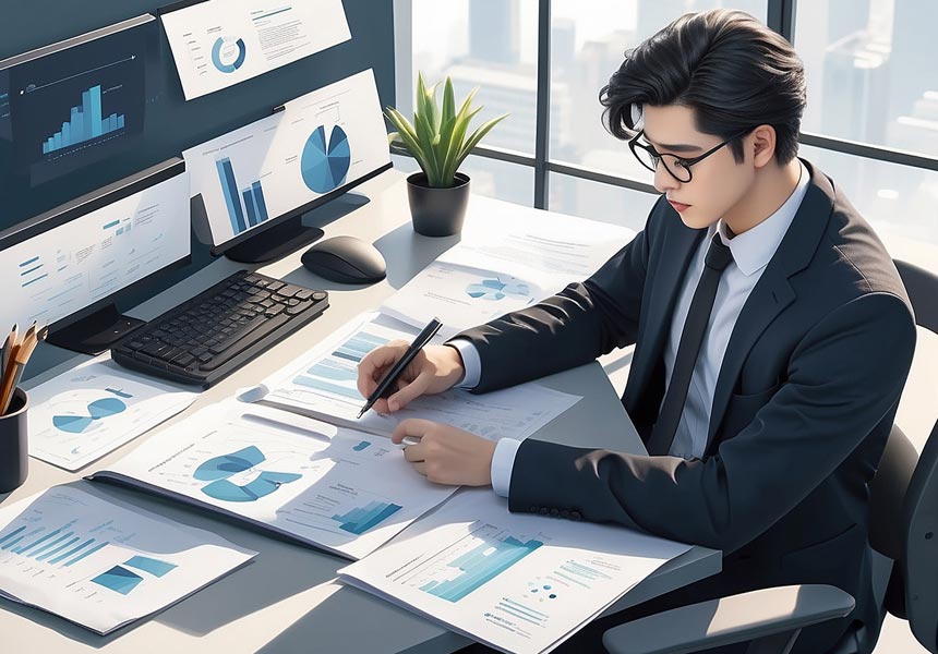 책상 위에서 포트폴리오를 점검하며 장기 투자 전략을 세우는 사람의 모습