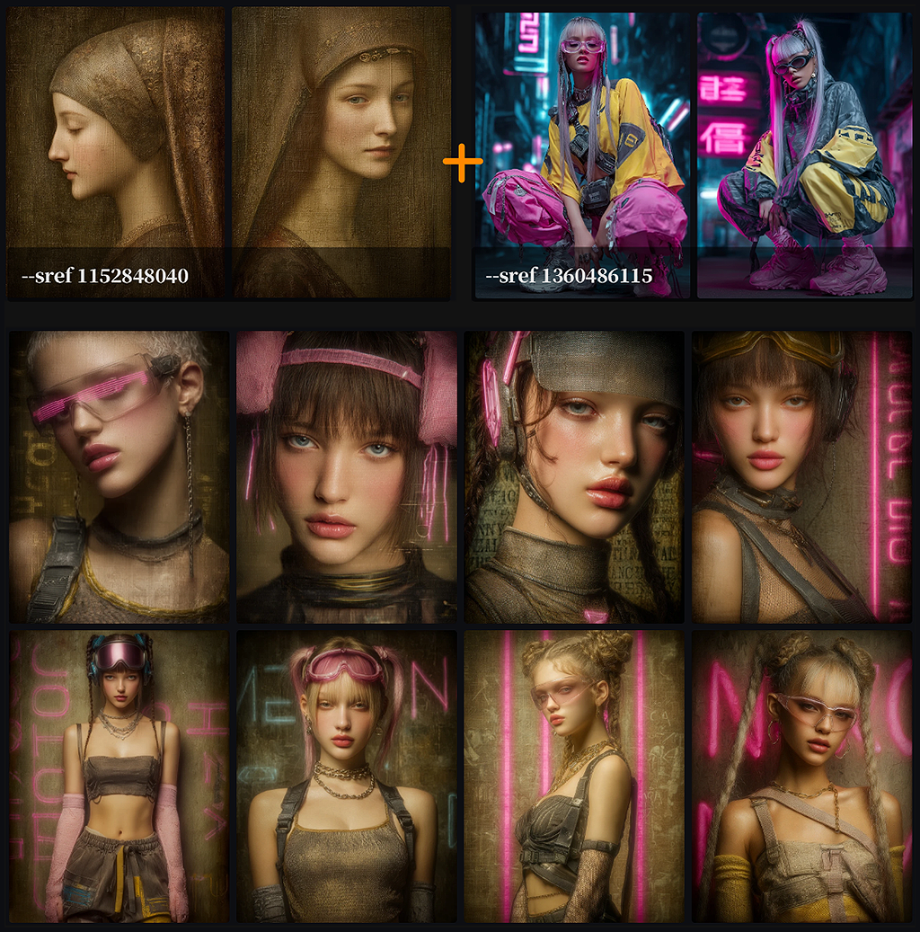 스타일 믹스 실험, 르네상스 유화 질감과 네오 도쿄의 스트리트 패션이 조합된 감각적인 룩북 이미지_Midjourney