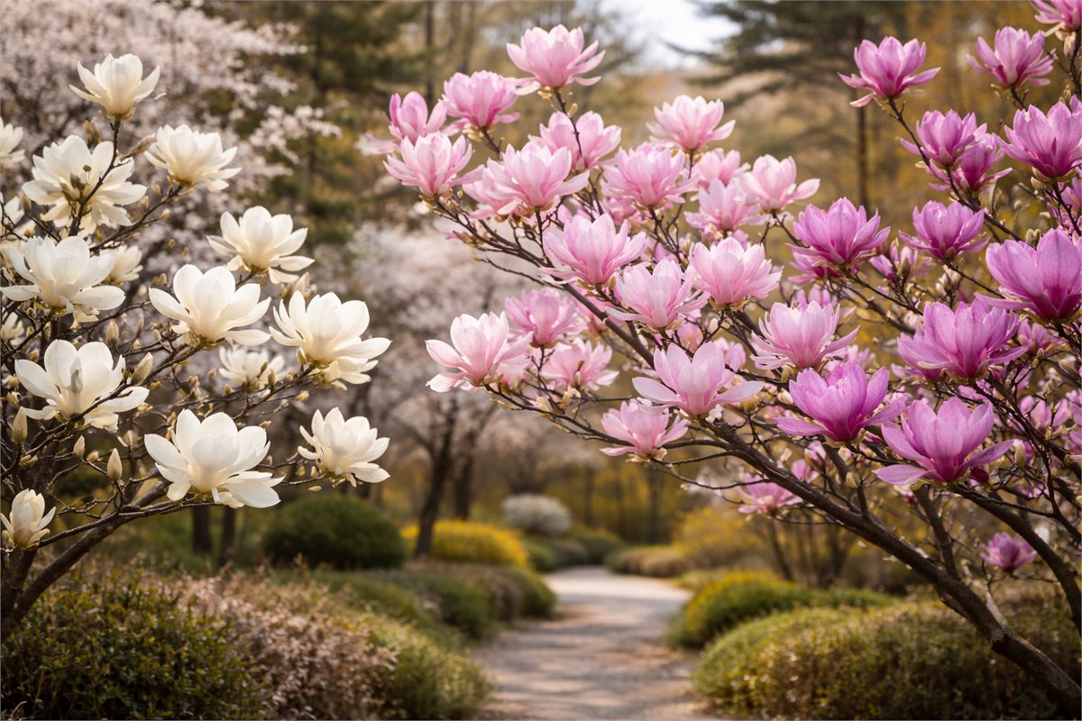 흰색 분홍색 보라색 목련이 함께 보이는 색감 비교 장면 