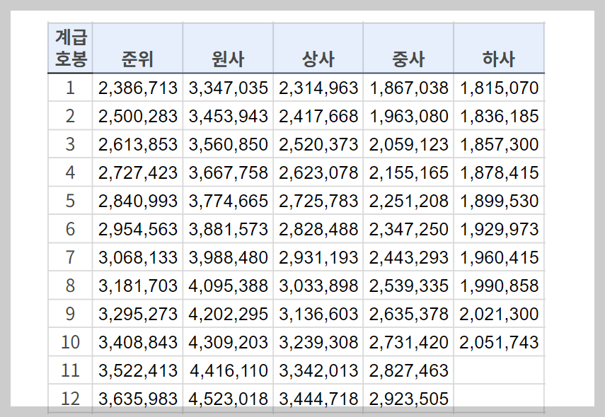 2024년 군인 봉급표 총정리, 장교 부사관 월급