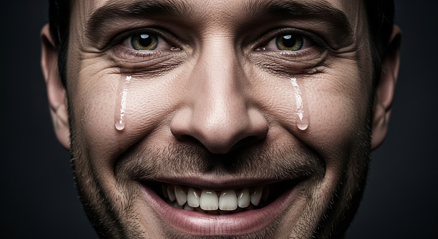입이 찢어질 듯이 웃고 눈에서는 눈물이 흐르는 남자의 얼굴 클로즈업. '조커' 캐릭터의 내면 갈등과 광기를 표현.