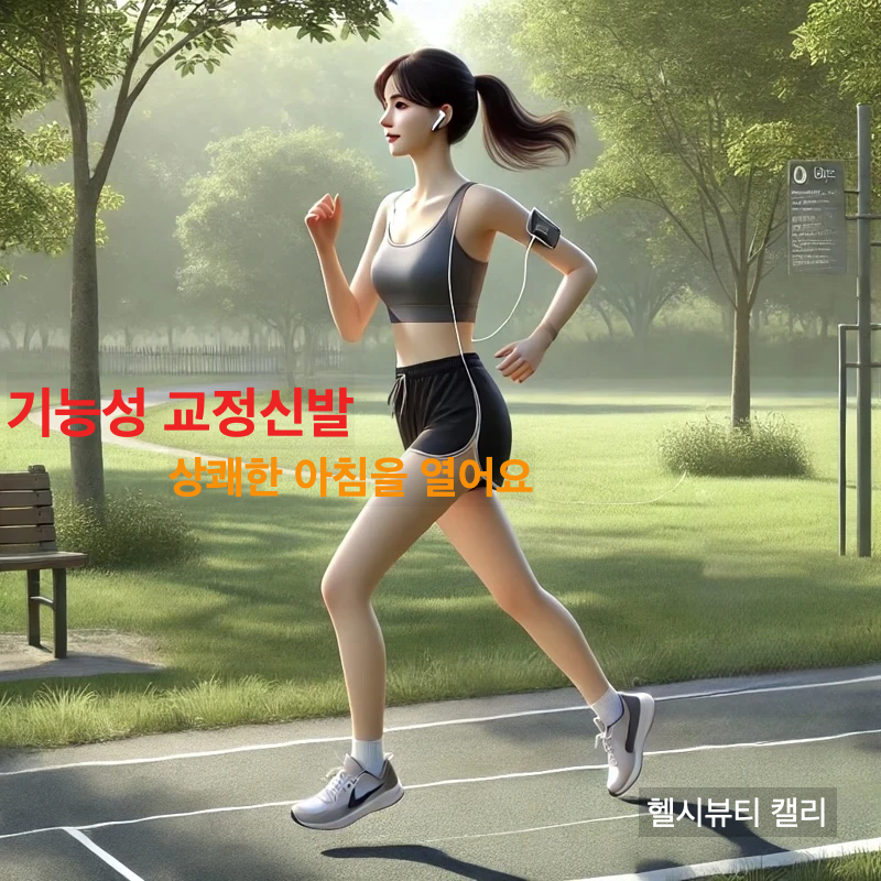 디지털헬스케어를 실천하는, 운동화를 착용하고 아이팟을 들으며 공원에서 러닝 중인 20대 한국 여성