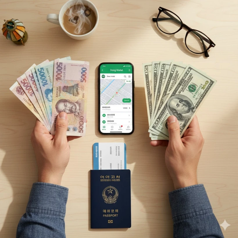 4박 5일 다낭 여행 경비 환전 팁, 베트남 동과 달러를 비교하며 현지에서 그랩 앱을 사용하는 모습