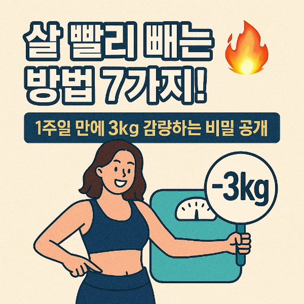 밝은 표정의 한국인 여성이 노란 체중계를 들고 있는 이미지로, 1주일 만에 3kg 감량에 성공한 모습 표현