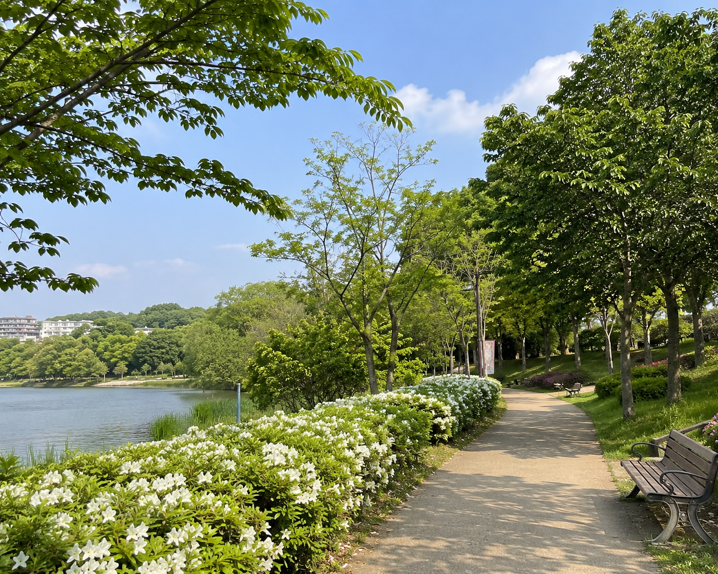 기록할 활동량을 채우기 위해 공원을 산책하는 모습. 건강 일지에 남길 오늘의 운동 목표를 달성하며 생활 운영을 실천하는 건강한 신혼 일상.
