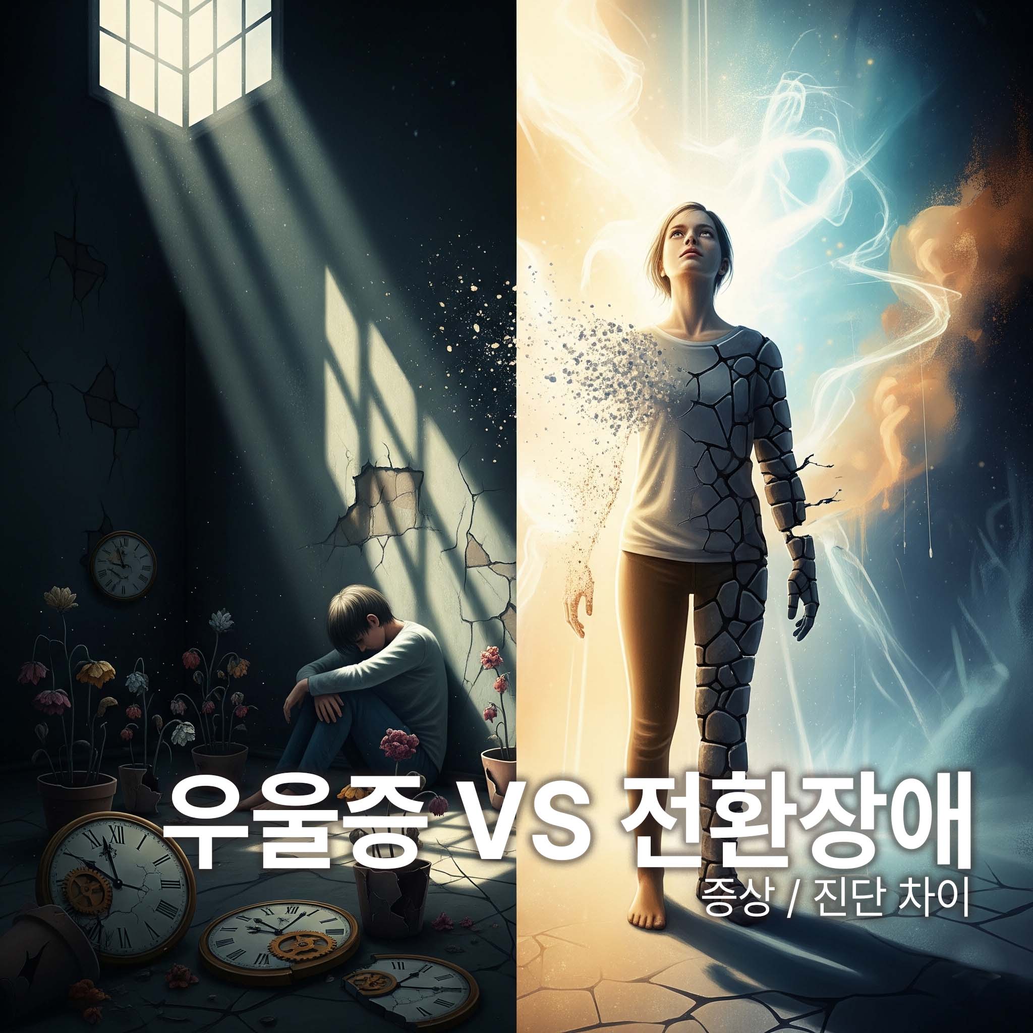 우울증과 전환장애의 차이점을 나타내는 그림. 왼쪽은 우울증 즉 어두운 방에 앉아 있는 사람, 오른쪽은 전환장애 즉 정상인것 같지만 마비가 진행되는듯한 이미지