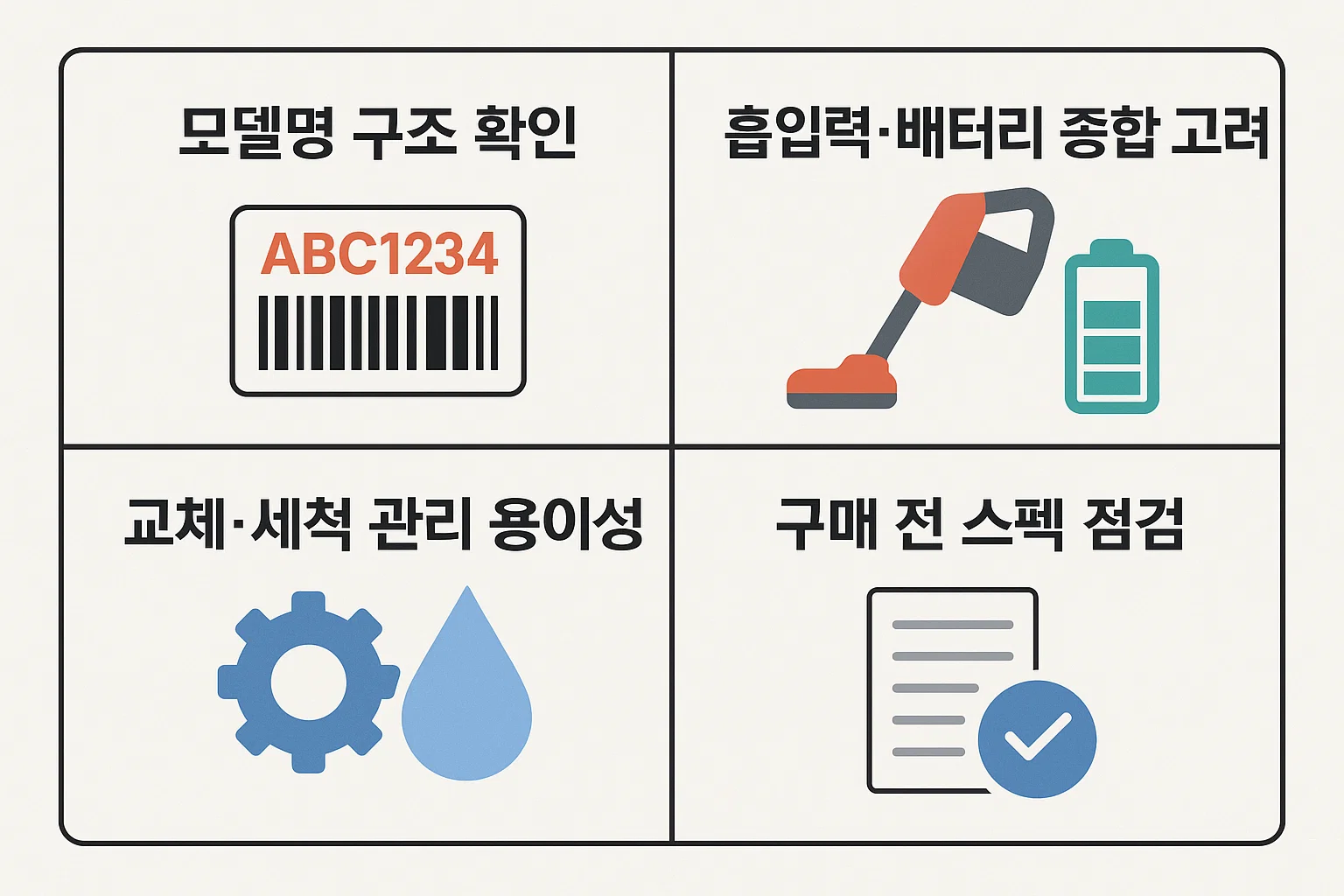 모델명 구조 확인, 배터리 성능, 교체 및 세척 용이성, 구매 전 스펙 점검 등 실구매 전 고려사항을 정리한 인포그래픽