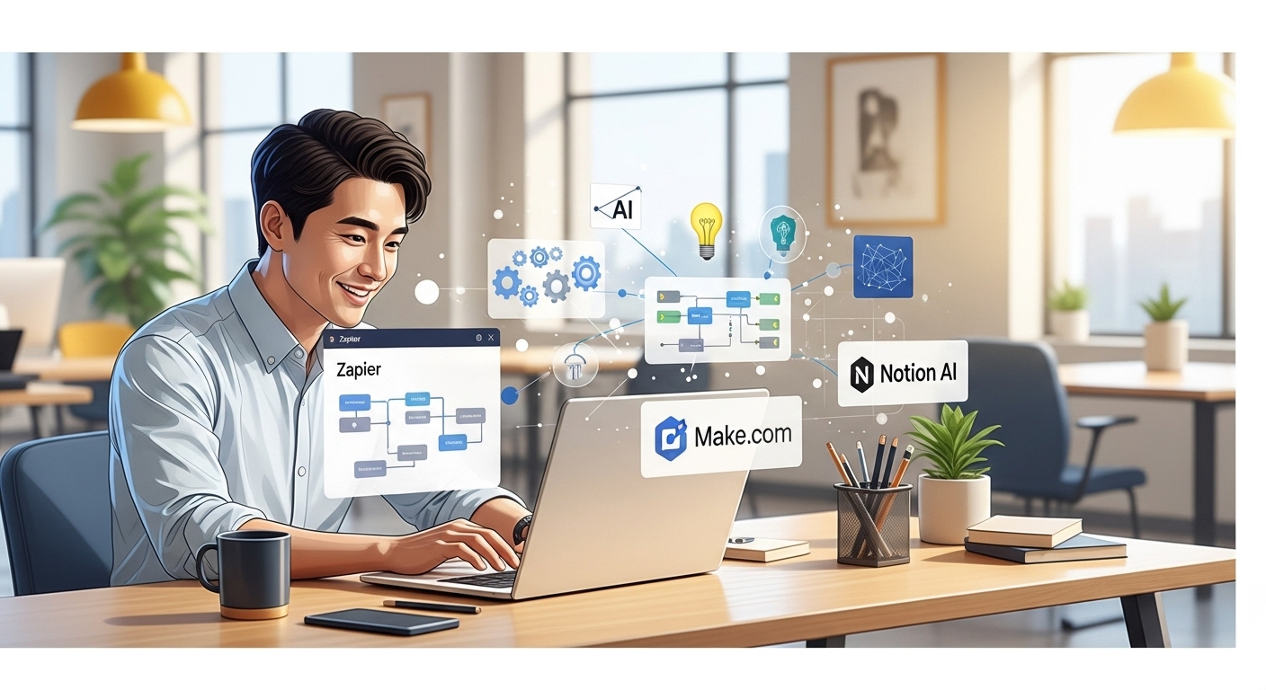 AI 자동화 툴을 활용해 노트북으로 시각적 워크플로우를 설정 중인 30대 한국인 사무직 남성의 디지털 아트 이미지. Zapier, Make.com, Notion AI 등의 아이콘과 자동화 흐름이 화면에 나타나며, 밝고 효율적인 분위기를 표현함.
