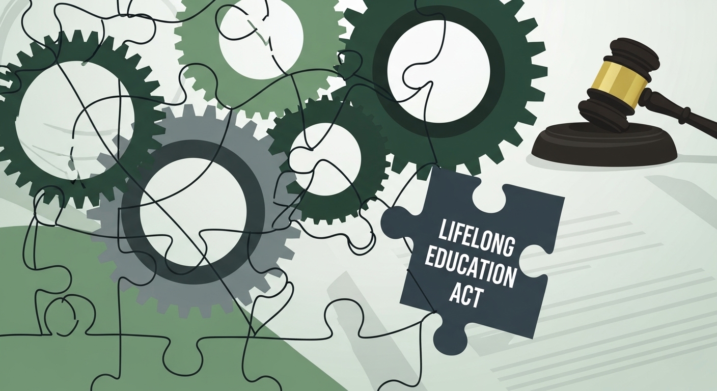 평생교육법과 제도의 모순점을 상징하는 듯한, 맞물리지 않는 톱니바퀴와 빈틈이 있는 퍼즐