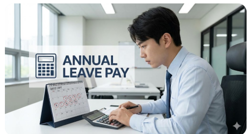 'Annual Leave Pay' 문구와 함께 달력의 남은 연차 일수를 세고 있는 직장인의 모습. 계산기 아이콘이 옆에 배치된 이미지.