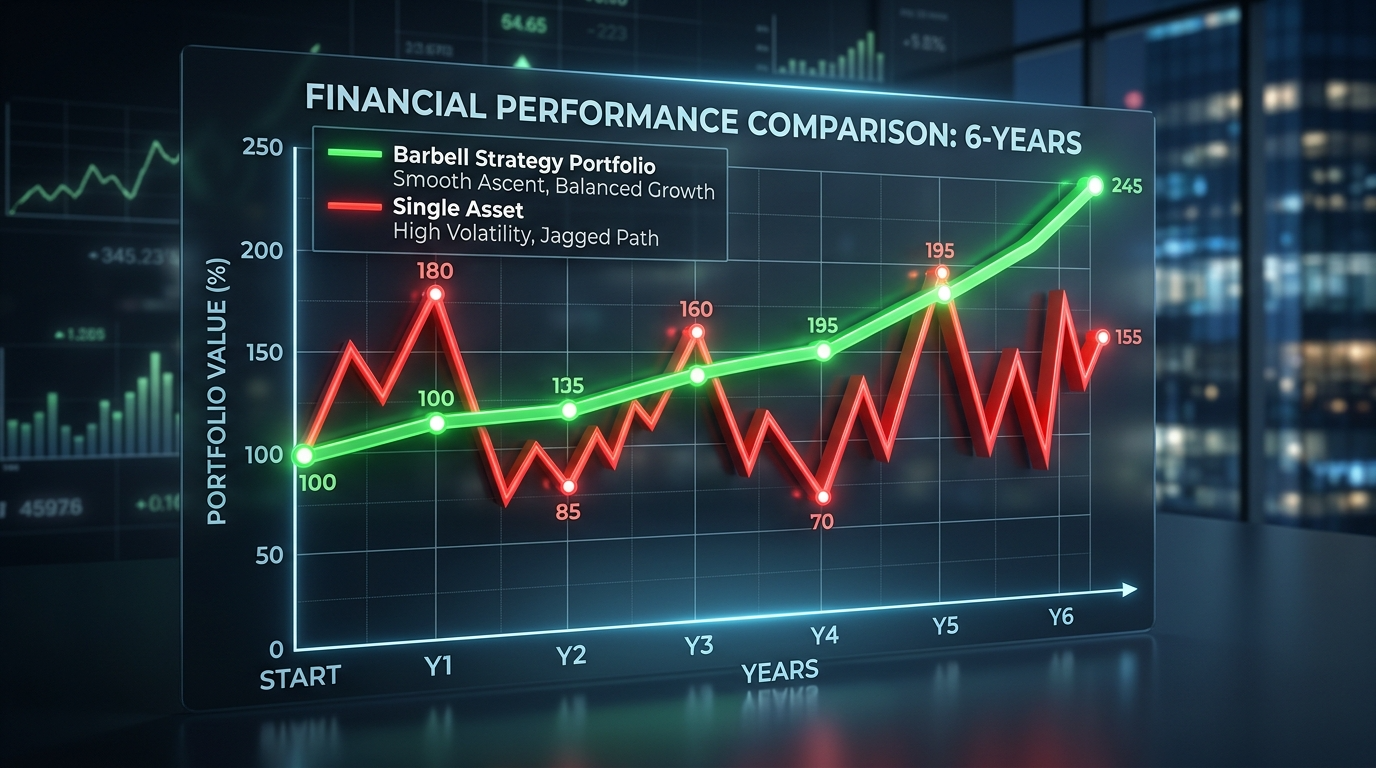나스닥 100 단독 투자 시의 큰 변동성 그래프와 금&middot;한국 주식을 섞은 분산 포트폴리오의 완만한 우상향 비교 차트