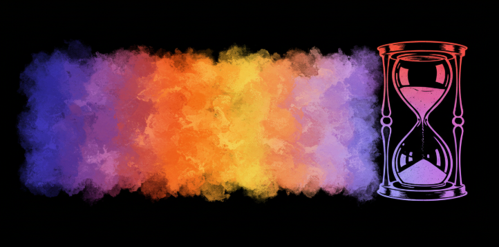 시간의 흐름을 나타내는 모래시계와 함께 변화하는 향기의 색깔들이 그라데이션으로 표현된 추상적 이미지