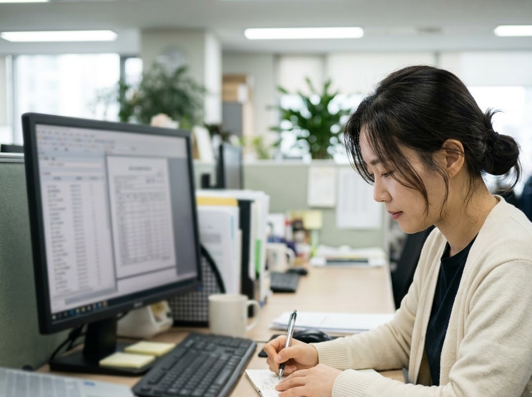 사무실에서 연말정산 예상 세액을 확인하는 직장인