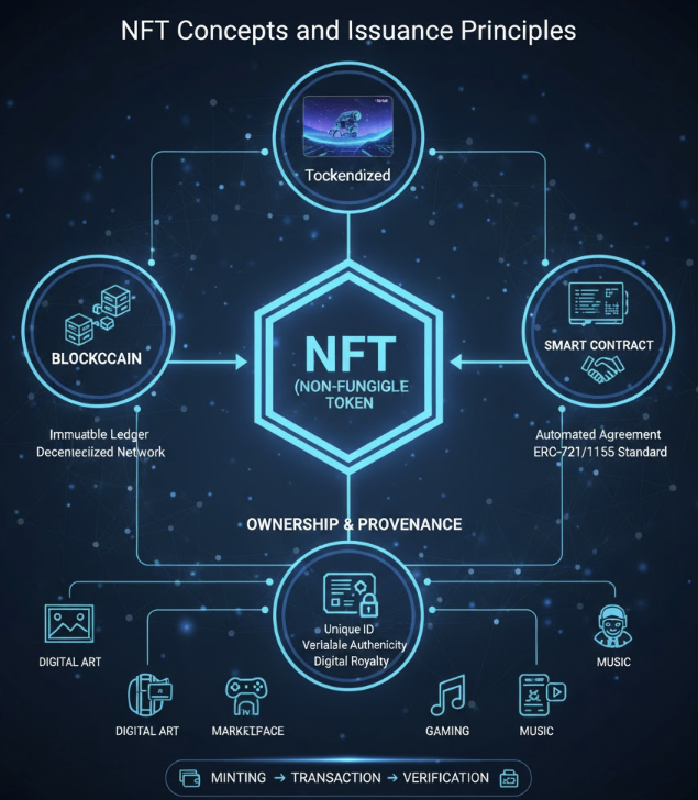 NFT(대체 불가능 토큰)의 개념과 발행 원리를 시각화한 다이어그램. 중앙의 NFT 허브를 중심으로 블록체인 기반 기술, 스마트 계약, 토큰화된 디지털 자산이 연결되며, 소유권과 진위 증명의 핵심 요소와 디지털 아트, 게임, 음악 등 다양한 활용 분야를 보여줍니다