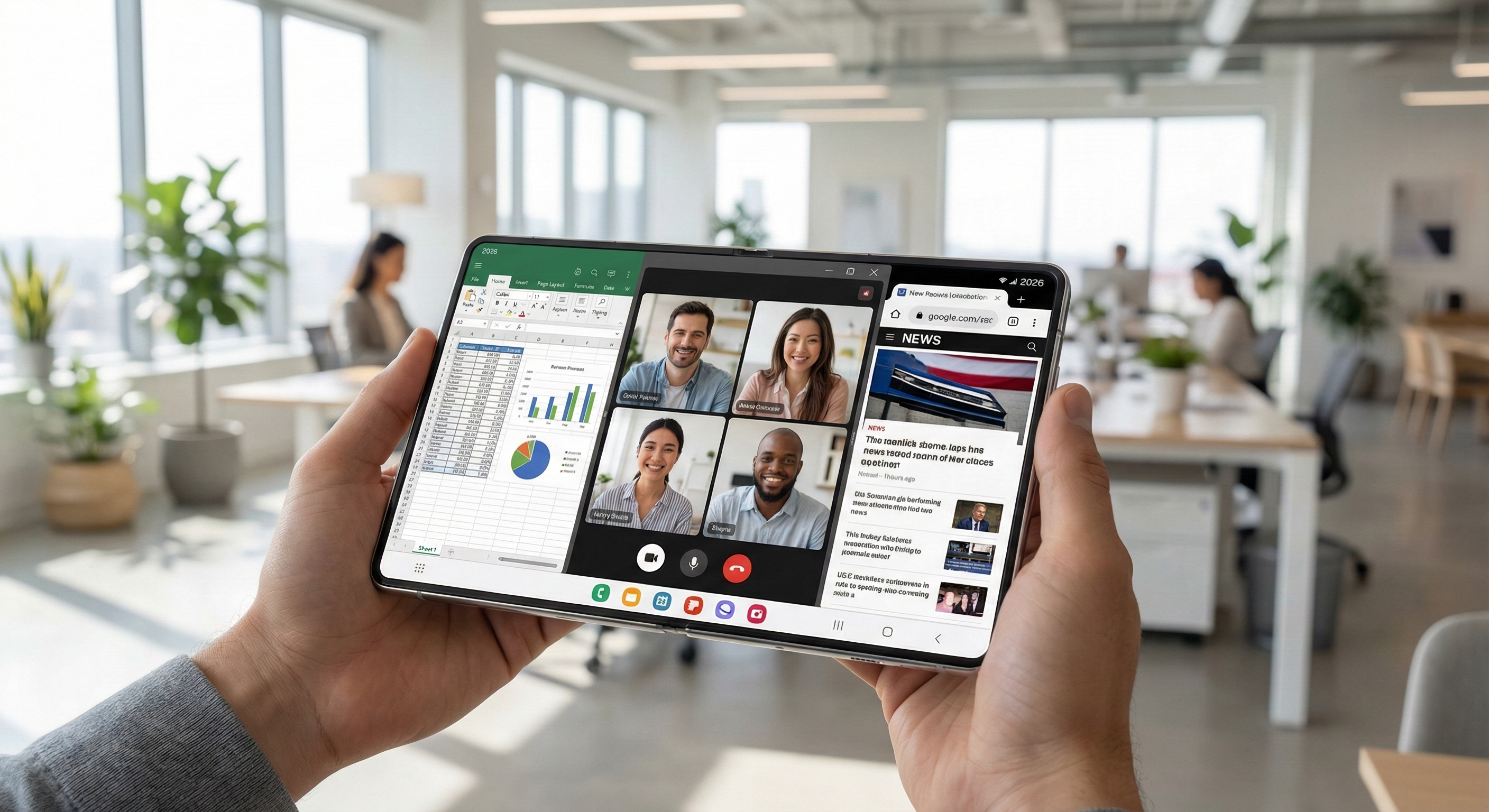 주름이 사라진 2026년형 폴더블폰의 멀티태스킹 활용 모습