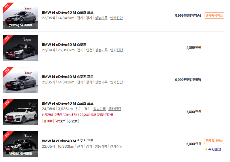 BMW I4 중고차 가격 시세표 고속 시내 연비