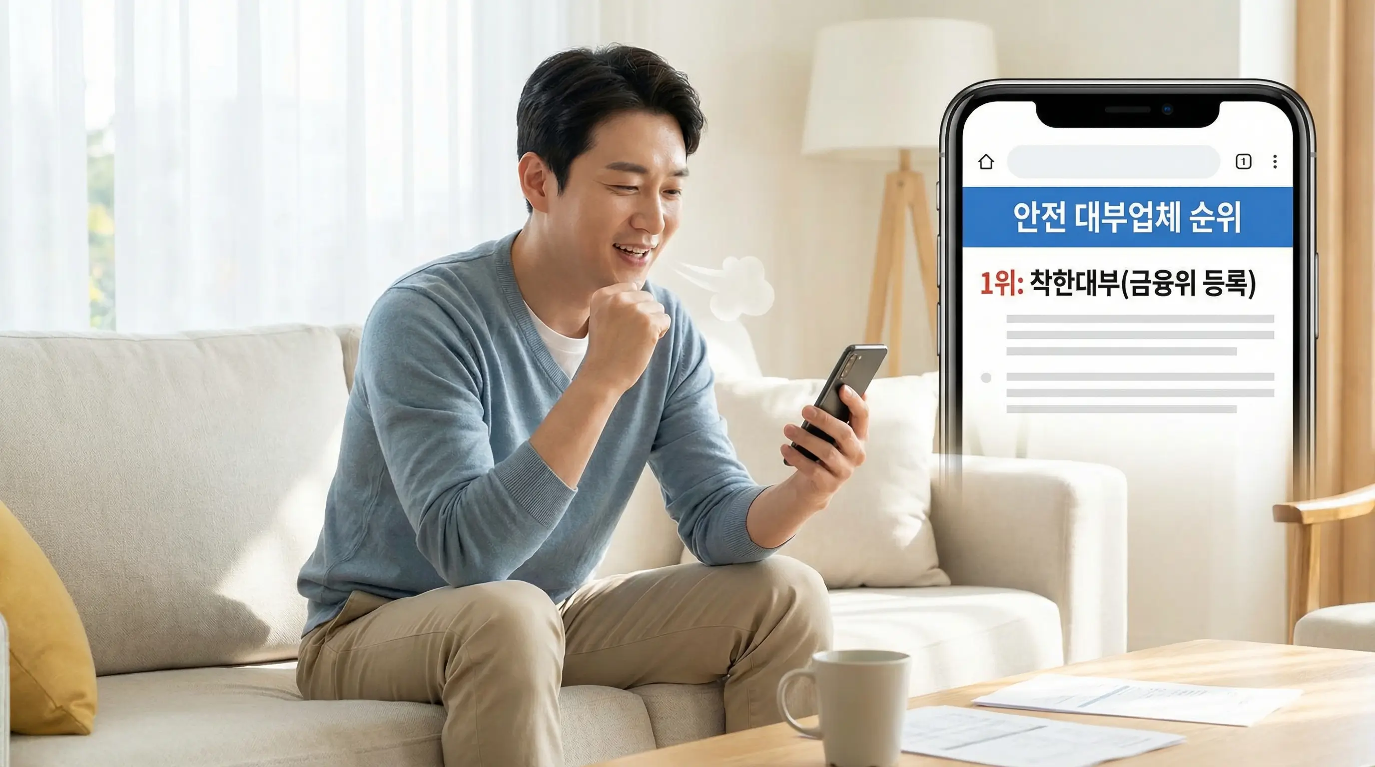 안전한 대부업체를 찾기 위해 스마트폰으로 순위를 검색하고 안도하는 사용자의 모습