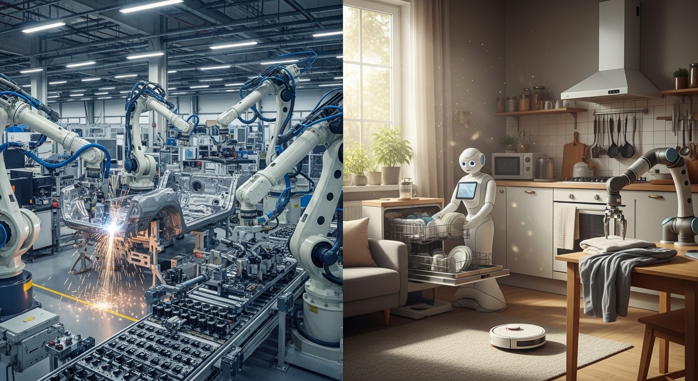 공장에서 협업하는 산업용 로봇과 가정에서 가사 노동을 돕는 서비스 로봇