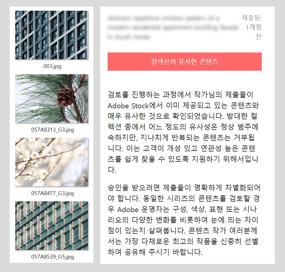 어도비 스톡 미승인 기존 콘텐츠와 유사한 사진 사례 건물 패턴 꽃 솔방울 예시