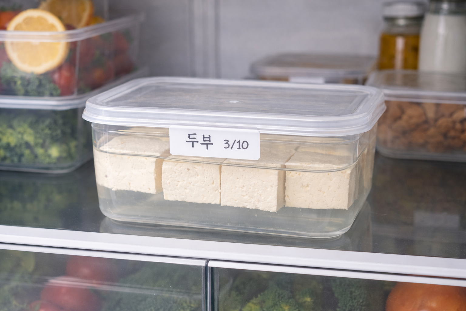 두부를 밀폐용기에 담아 물에 잠기게 한 뒤 냉장고 안쪽 선반에 보관한 모습입니다.