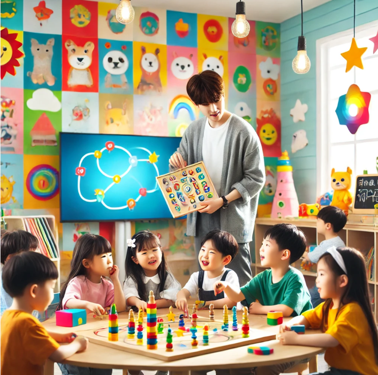 방과후 프로그램에서 교육 게임을 즐기며 배우고 있는 유아들의 모습