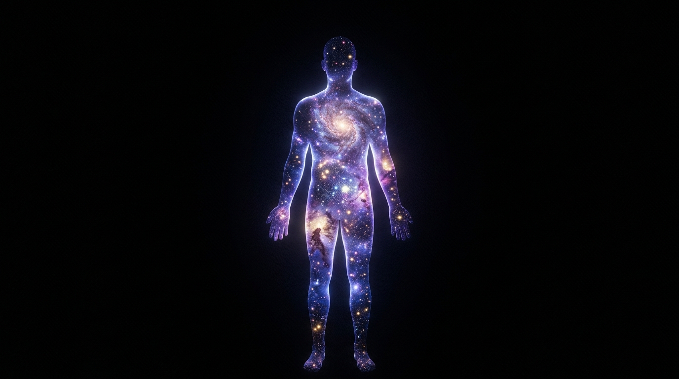 A cinematic, surreal conceptual photograph of a human silhouette facing the camera, but the silhouette is completely filled with a glowing, vibrant, highly detailed cosmic galaxy, full of shimmering stardust, nebulae, and shining stars in hues of deep blue, violet, and gold. The background is completely pitch black. It beautifully illustrates the quote "We are made of star-stuff." Masterpiece, 8k resolution, ethereal and profound atmosphere.