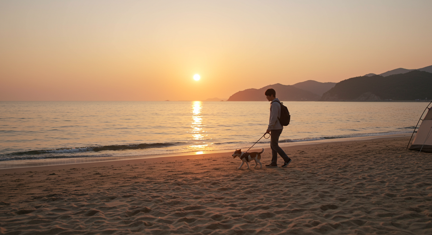 양양 서피비치 캠프존에서 일출을 보며 반려견과 산책하는 모습