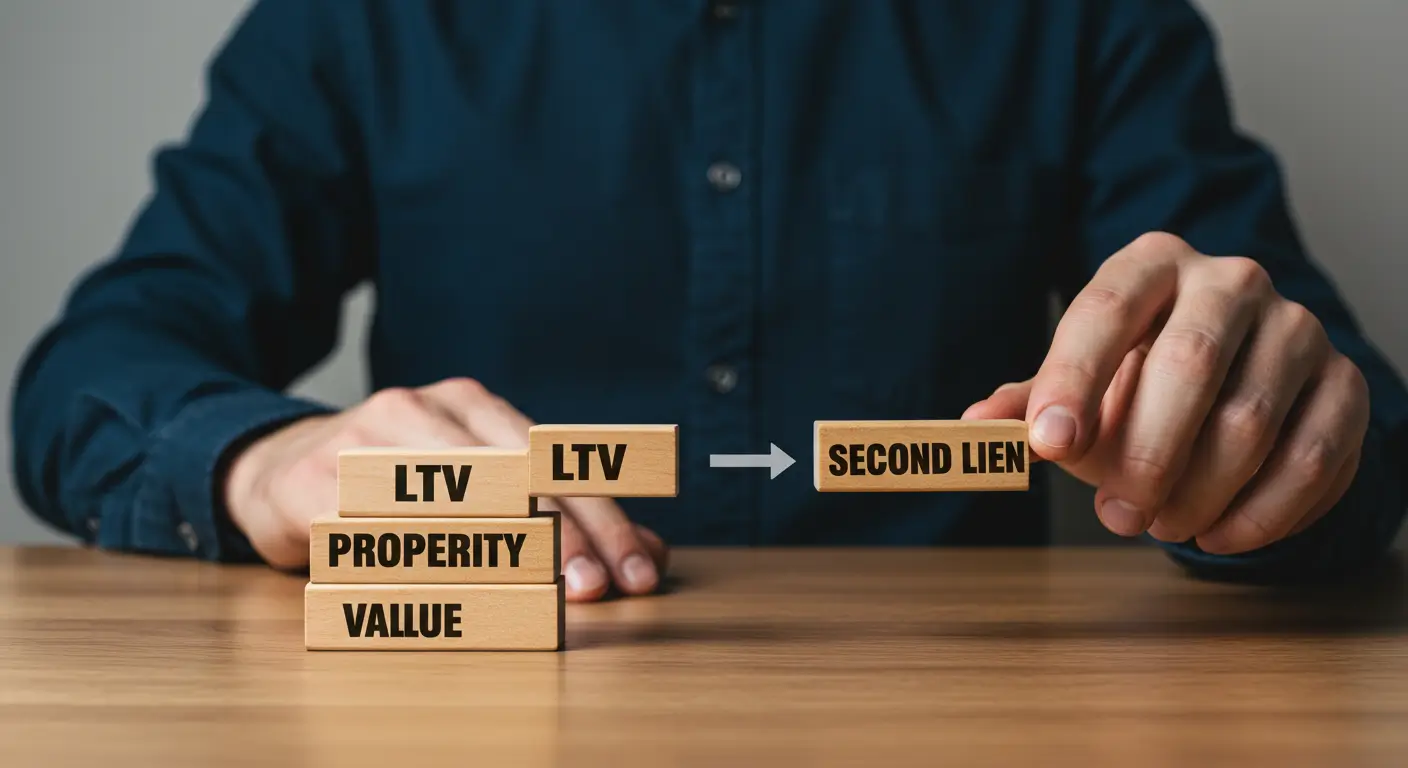 나무 블록을 이용해 아파트 후순위 담보대출 한도 계산 공식을 설명하는 이미지