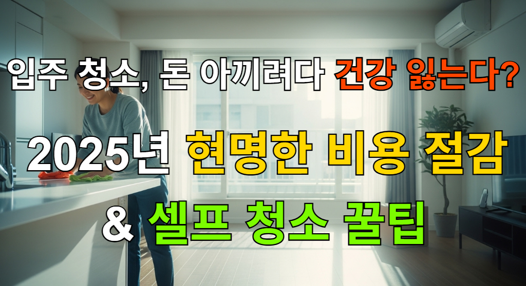 햇살이 비치는 깨끗한 새 아파트 거실에서 한 사람이 만족스러운 표정으로 청소하고 있는 모습. 입주 청소의 중요성을 나타낸다.