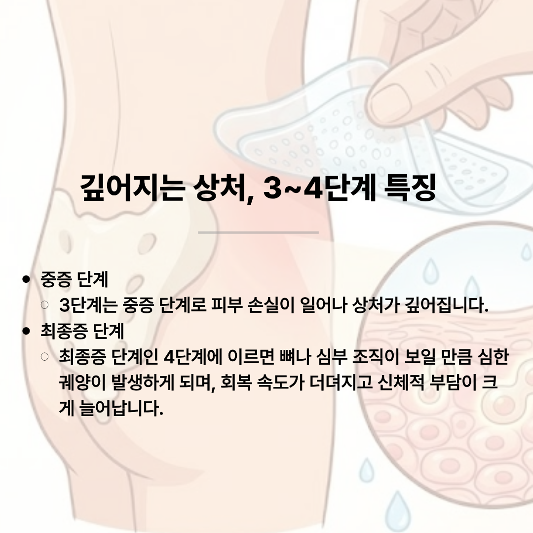 피부 및 지방층 손실이 일어나는 중증 3단계와 뼈나 심부 조직이 보일 만큼 심한 궤양이 발생하는 최종증 4단계의 위험성을 설명하고 패드 부착 예시를 보여주는 의료 일러스트.