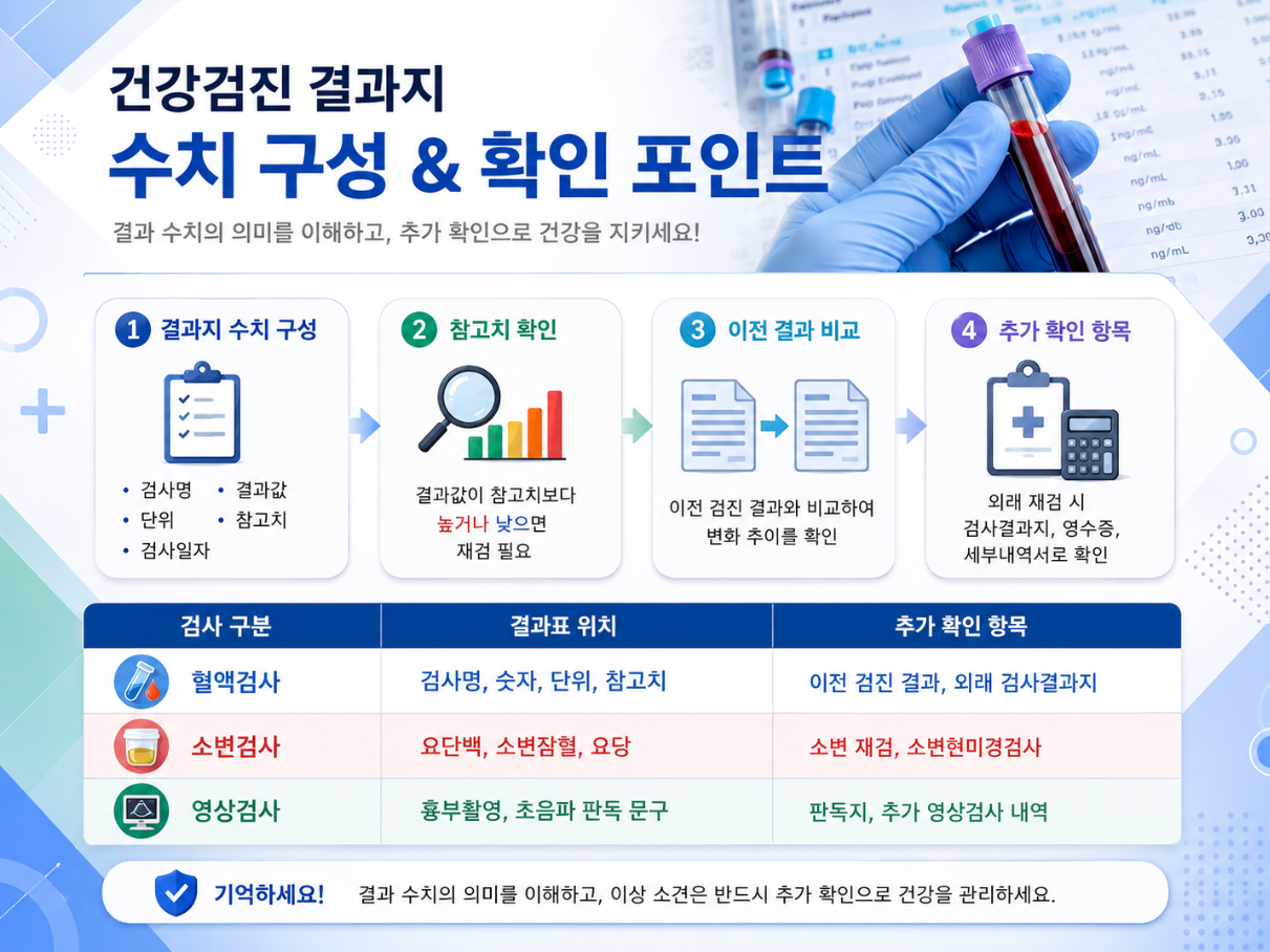 건강검진 결과지 수치 구성과 혈액검사, 소변검사, 영상검사별 추가 확인 항목을 정리한 의료 인포그래픽