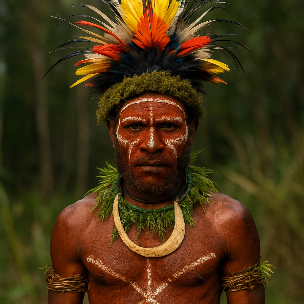 파푸아뉴기니 하일랜드족의 깃털과 진흙 장식