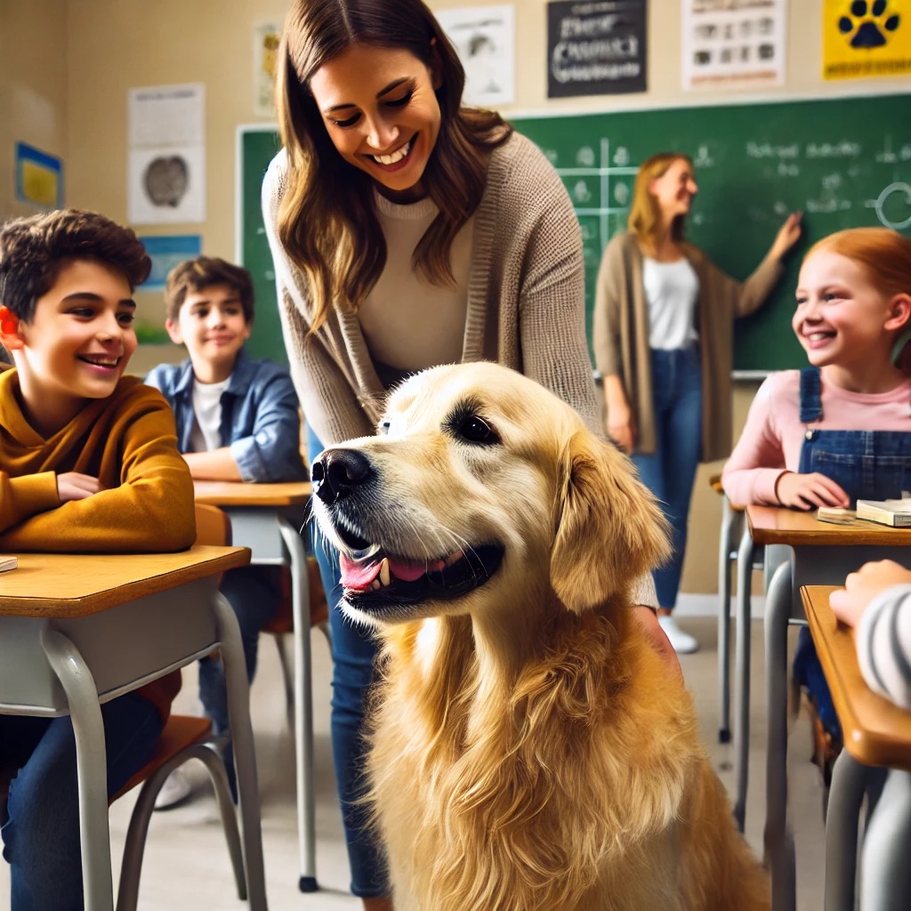 교실에서 아이들과 함께 있는 리트리버 사진