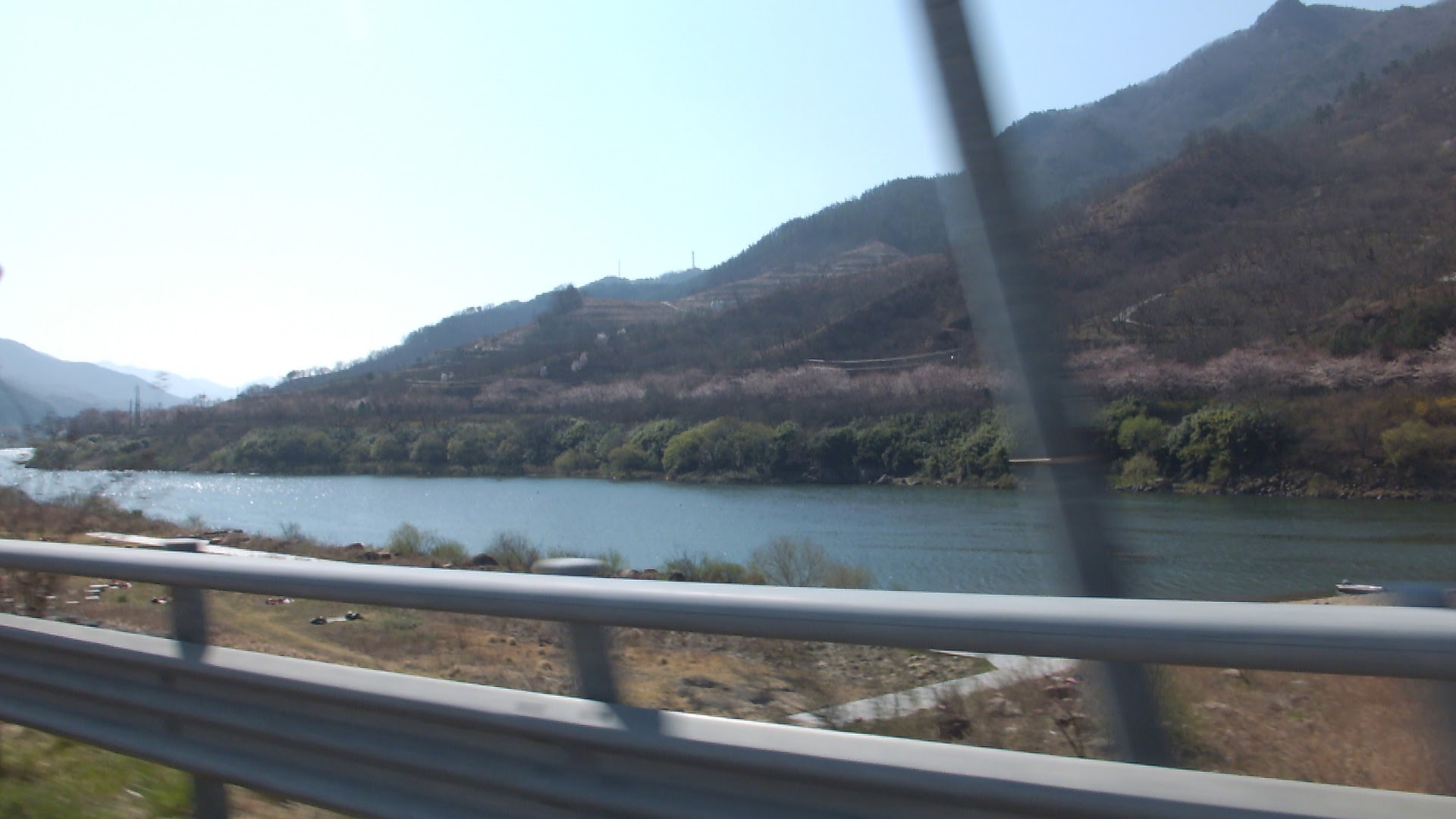 차량 창밖으로 보이는 강변 도로 풍경