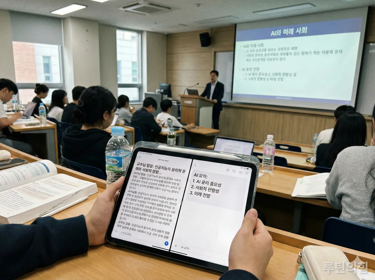 강의실에서 아이패드로 수업 내용을 녹음하고 AI로 요약하는 장면