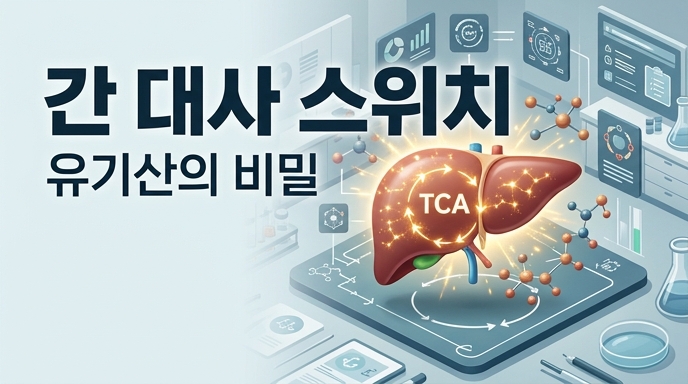 간 대사 스위치와 TCA 회로의 유기산 비밀을 설명하는 의학적 인포그래픽 이미지